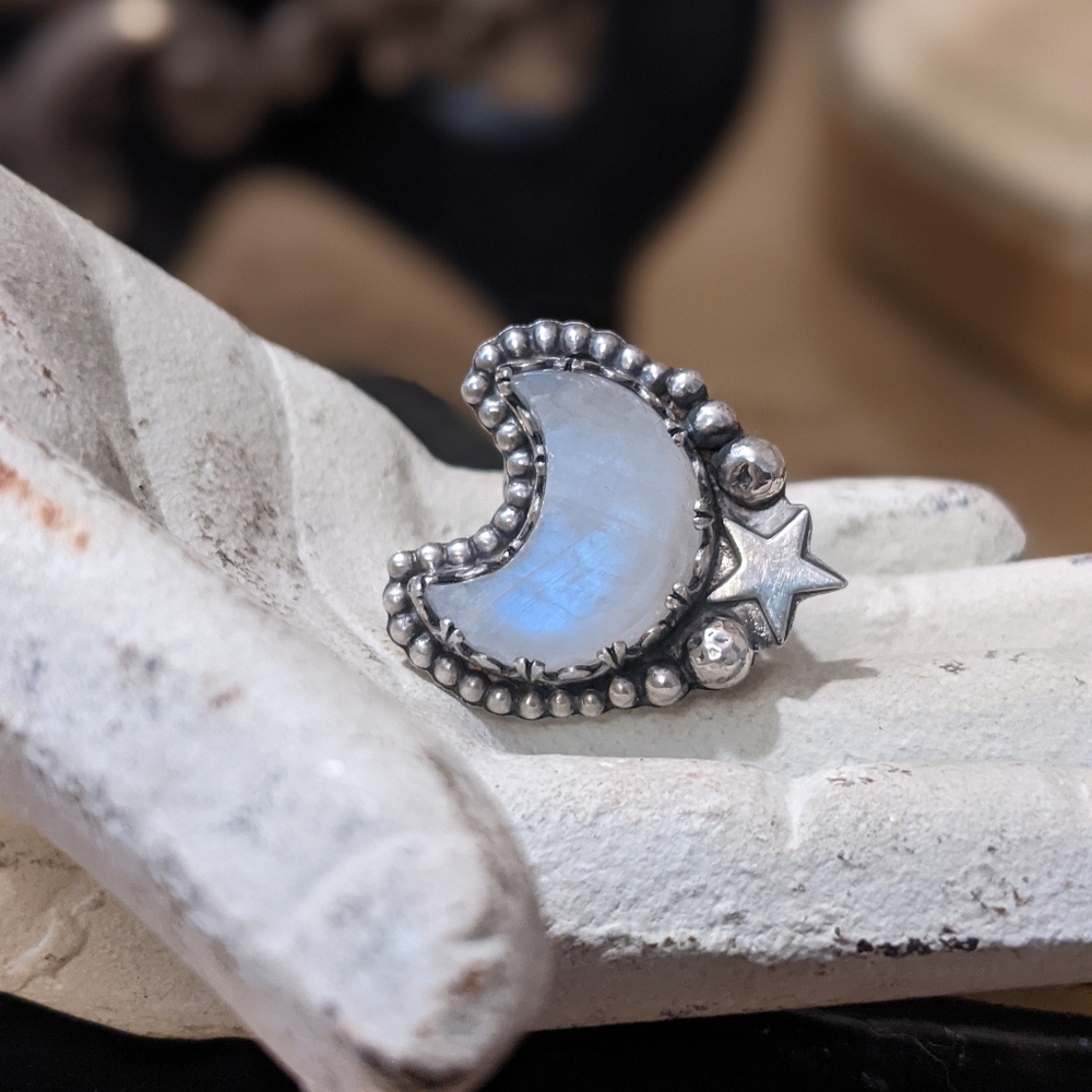 OOAK Sterling Silver Rainbow Moonstone Moon Ring